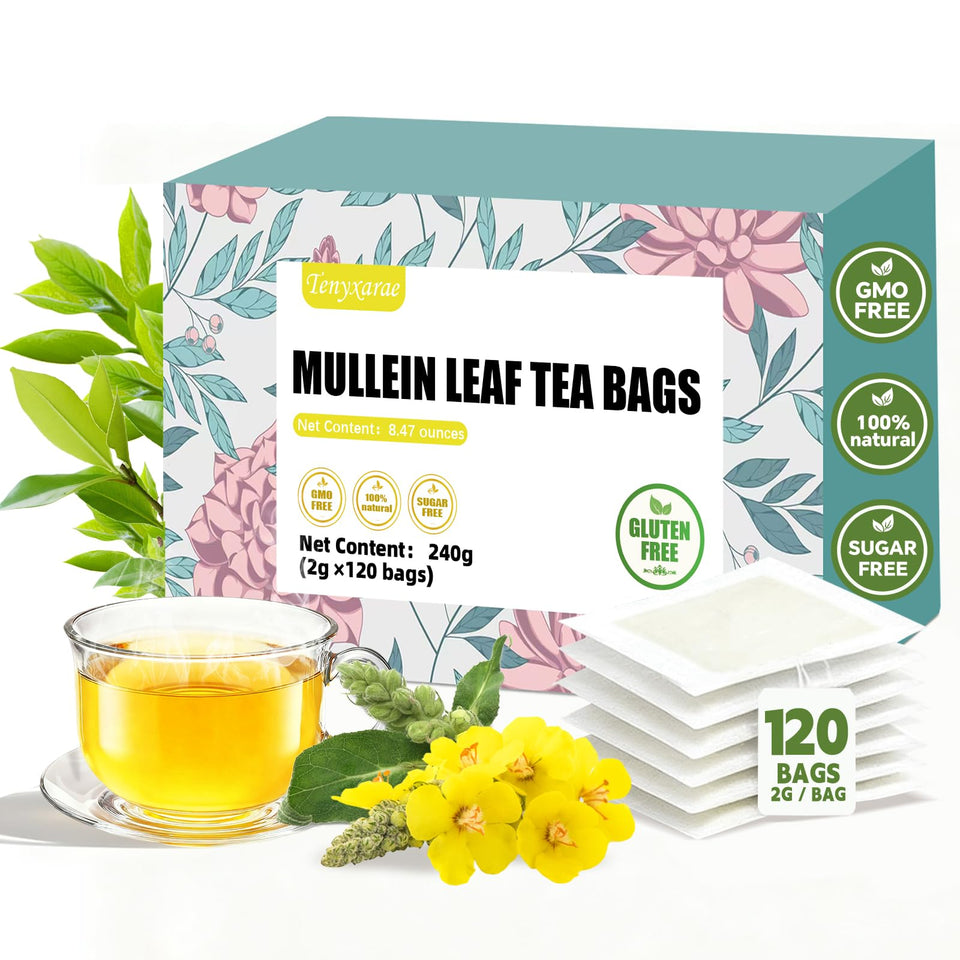 Tenyxarae Mullein Leaf Tea Bags in eco-friendly packaging, convenient caffeine-free herbal option