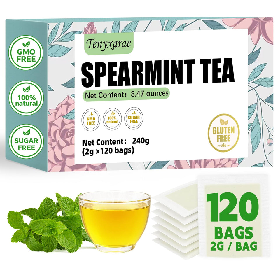 Tenyxarae spearmint tea bags pack shot highlighting natural leaves and eco-friendly packaging.
