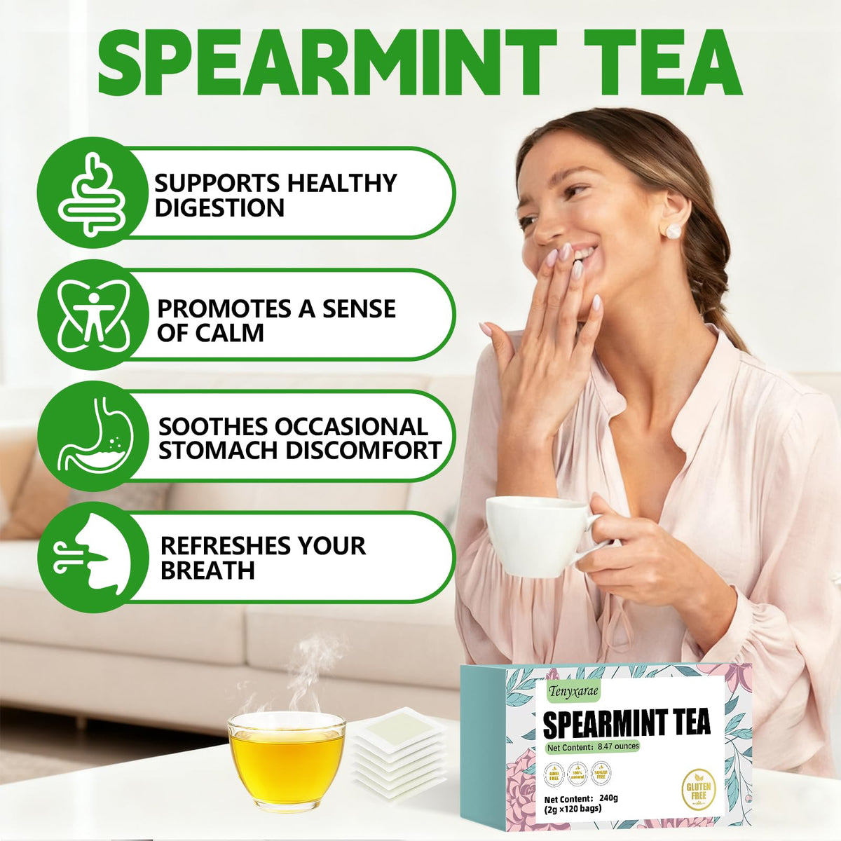 Tenyxarae spearmint tea bags in a brewing setup suggesting quick, caffeine-free refreshment.