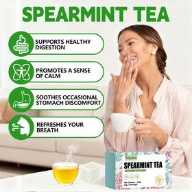 Tenyxarae spearmint tea bags in a brewing setup suggesting quick, caffeine-free refreshment.