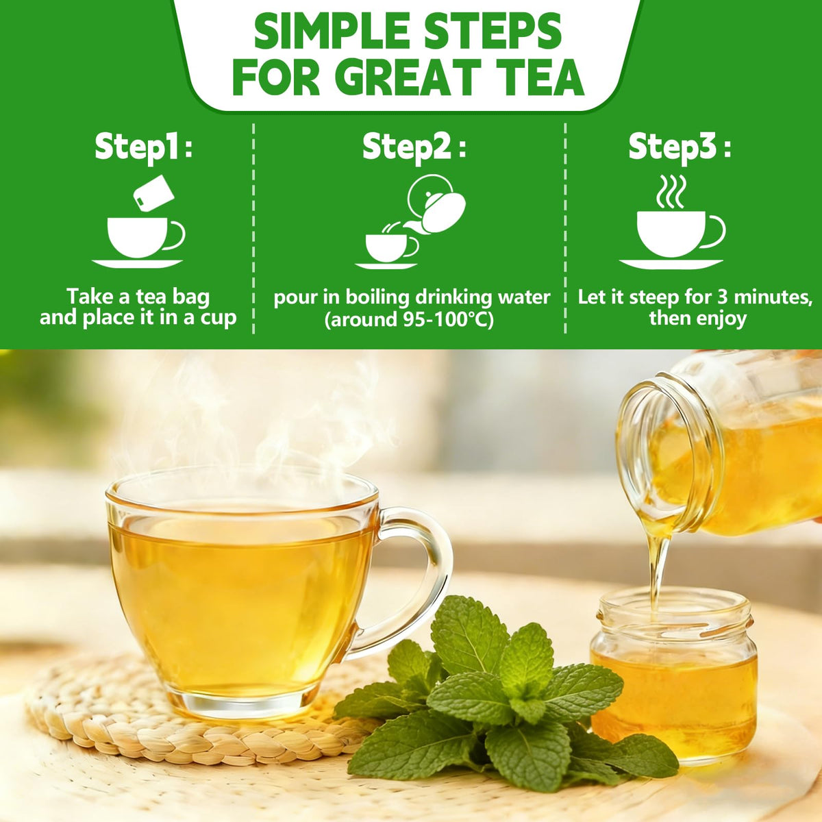 Cup of Tenyxarae spearmint tea with cooling aroma and smooth finish.