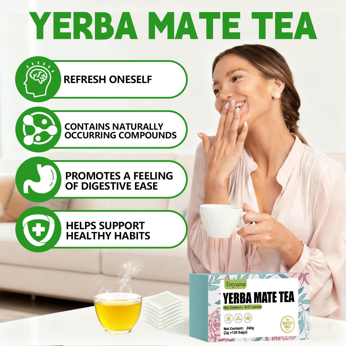 Tenyxarae Yerba Mate leaves inside tea bags ready for a caffeine-free brew