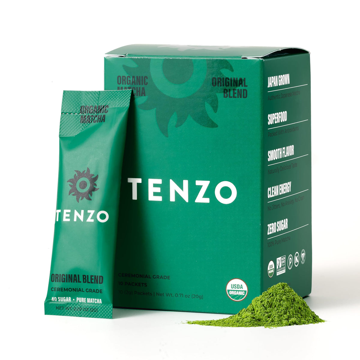 Tenzo Matcha Power single-serve stick for quick ceremonial brew on the go.