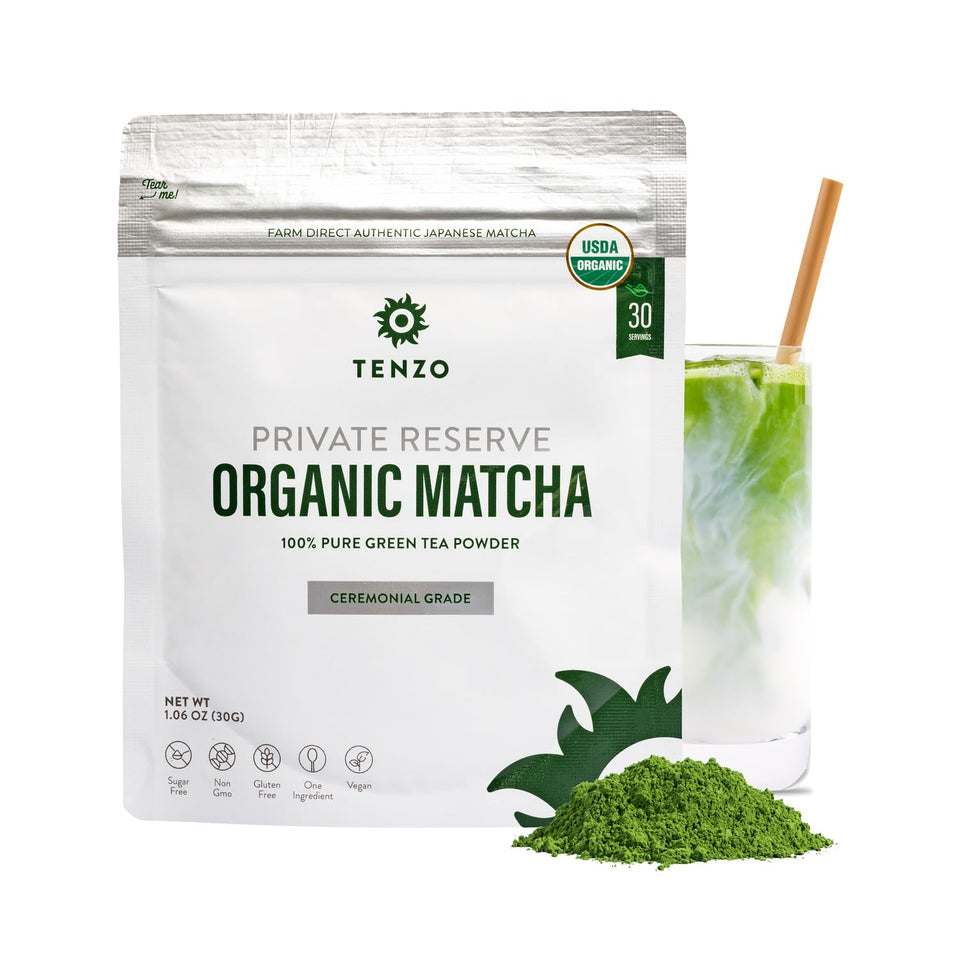 Tenzo Matcha Private Reserve tin front, premium ceremonial-grade aroma.
