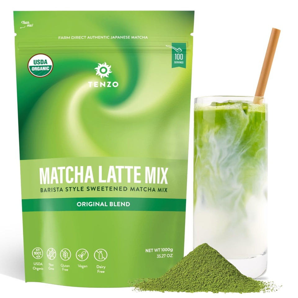 Tenzo Tea Matcha ceremonial-grade bag opened for rich latte preparation.