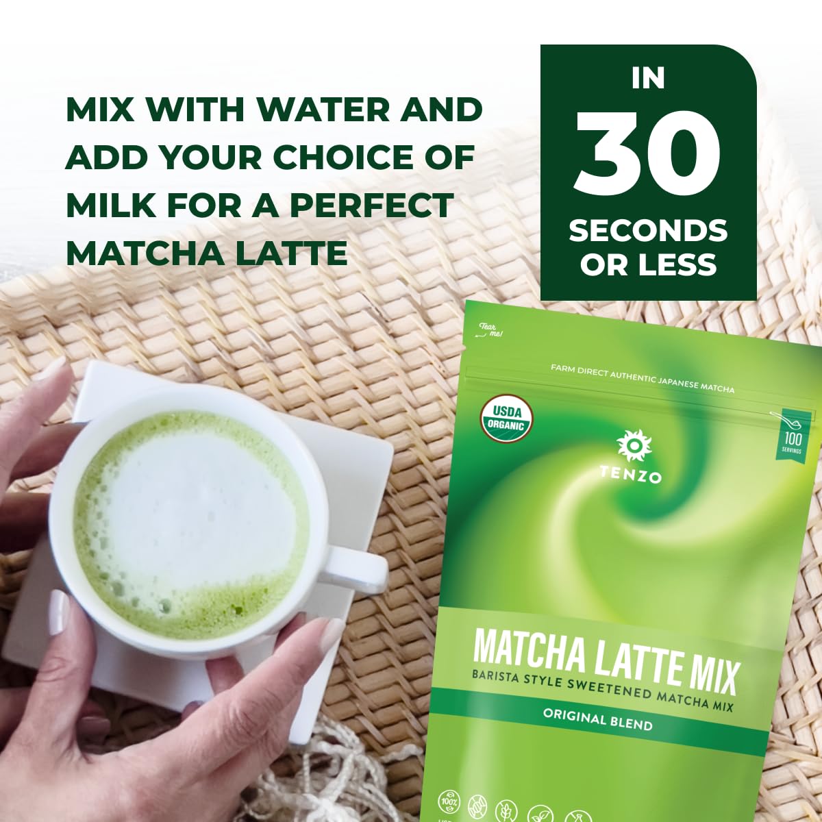 Tenzo Tea Matcha latte canister highlighting convenient storage for daily use.