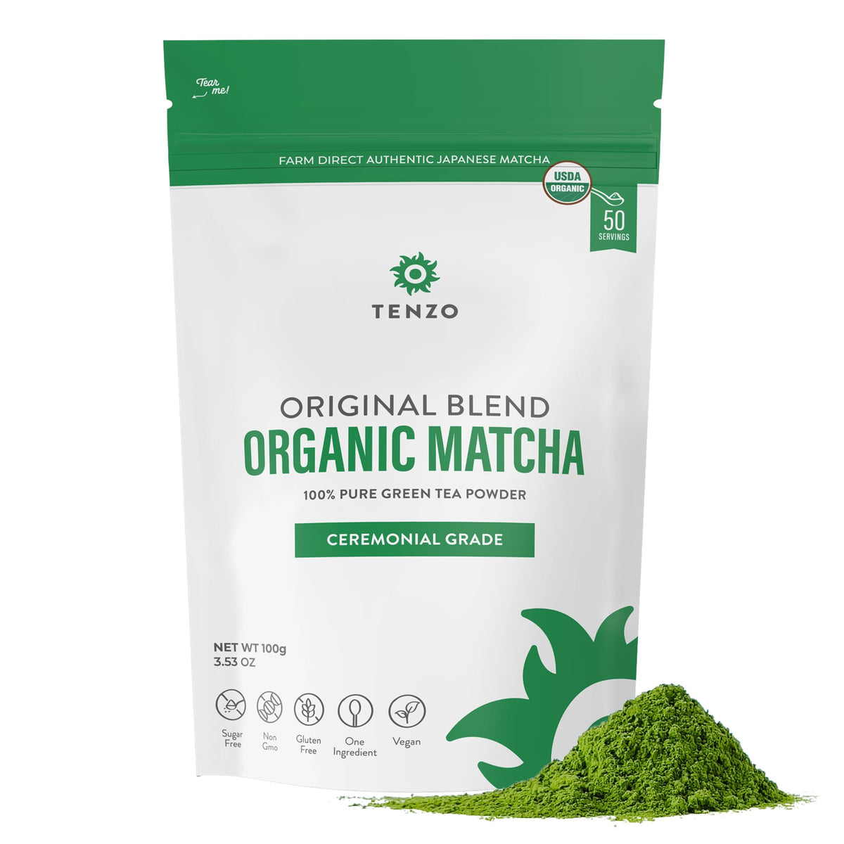 Tenzo Tea Matcha powder jar highlights ceremonial-grade quality for daily rituals.