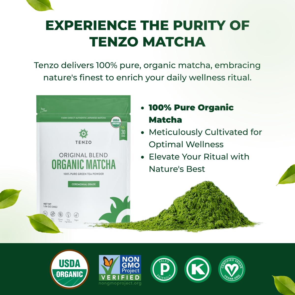 Tenzo Matcha organic certification label highlighting USDA Organic