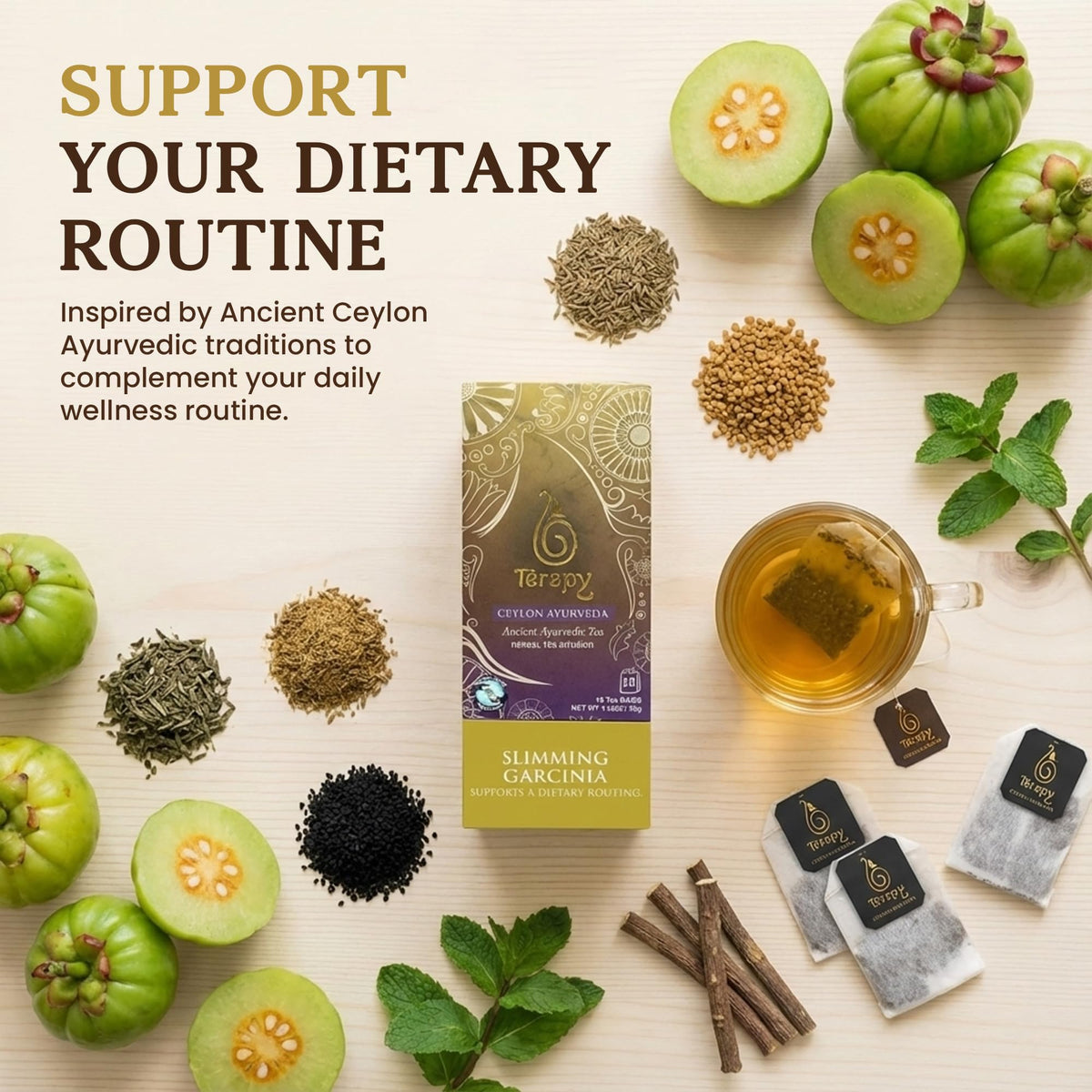 TERAPY organic Garcinia Cambogia and peppermint blend for a refreshing cup.