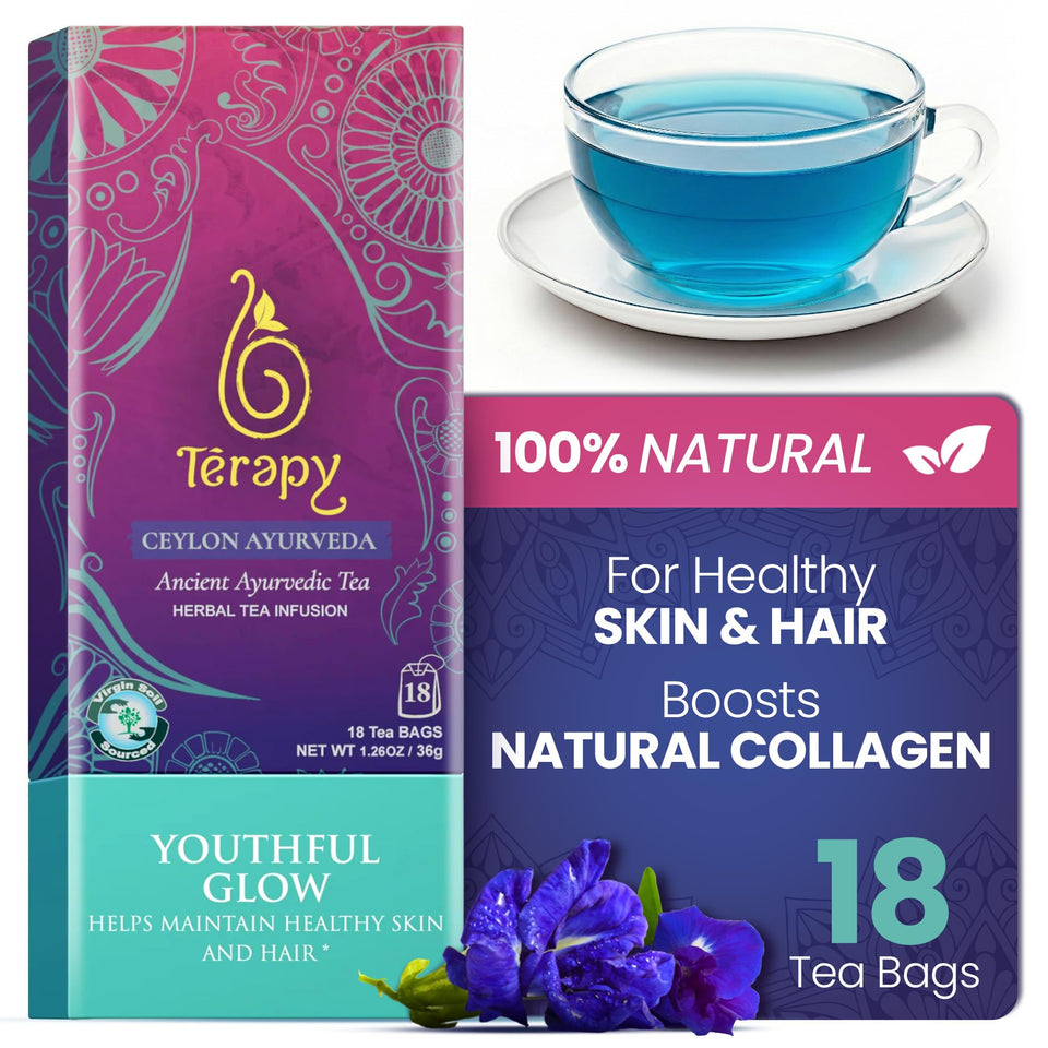 TERAPY Ceylon Youthful Glow tea bag with blue butterfly pea for radiant skin potential