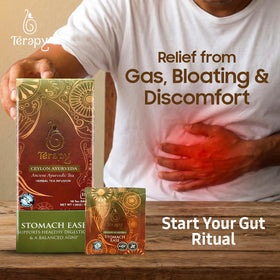 TERAPY Stomach Ease tea bags in foil wrap emphasizing freshness and convenience.