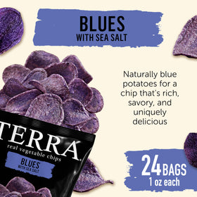 Terra Blues Chips blue potato close-up highlighting a nutty flavor profile.