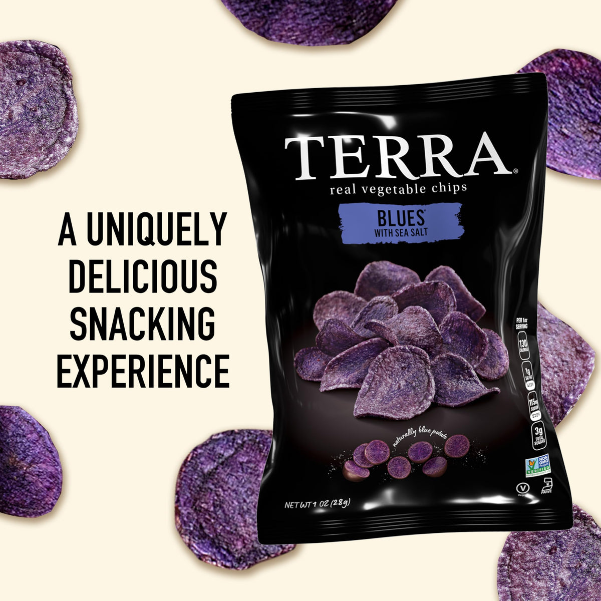 Terra Blues Chips sea salt close-up emphasizes seasoning.