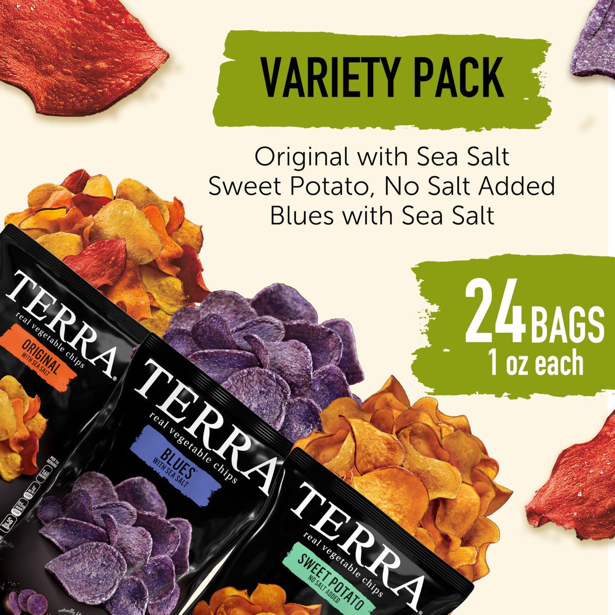 Terra Chips Blues bag front with blue potato blend, vibrant and tasty.