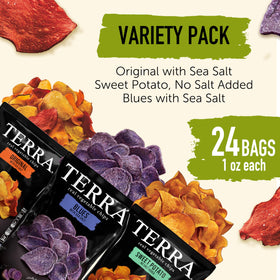 Terra Chips Blues bag front with blue potato blend, vibrant and tasty.