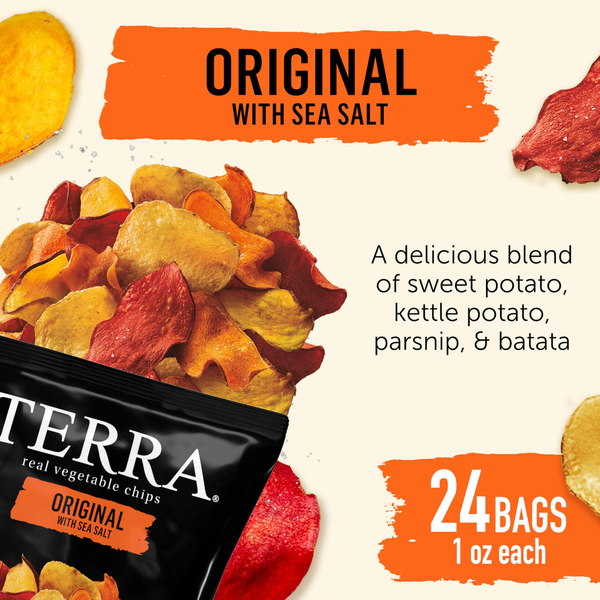 Terra chips colorful vegetable blend close-up highlights natural colors.