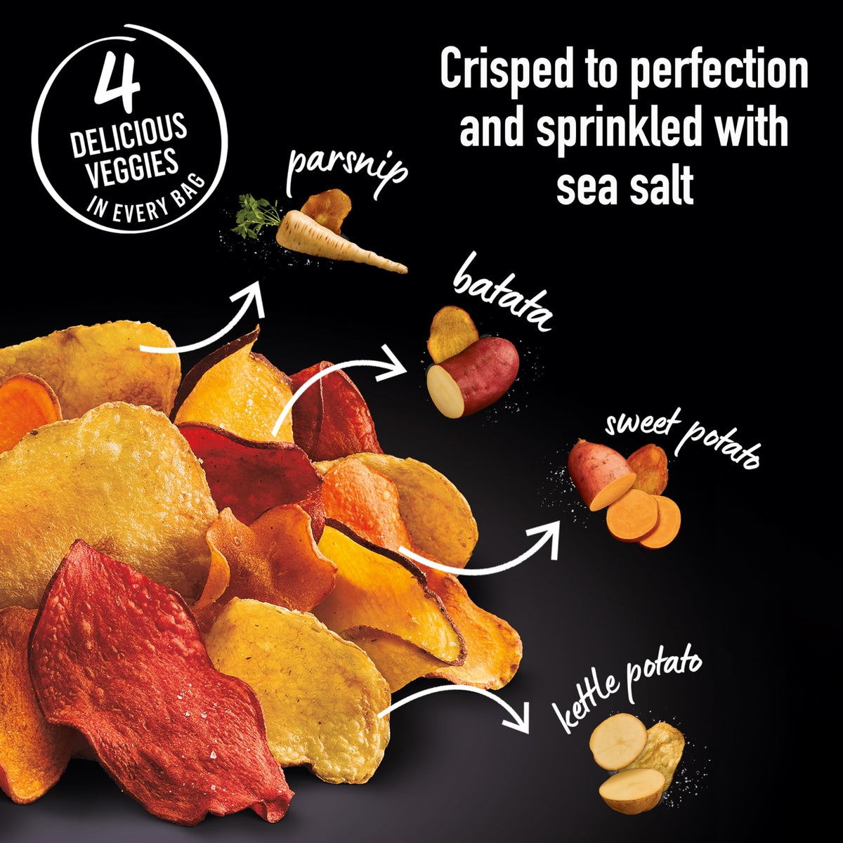 Terra chips gluten-free vegan label signals plant-based snacking opportunity.