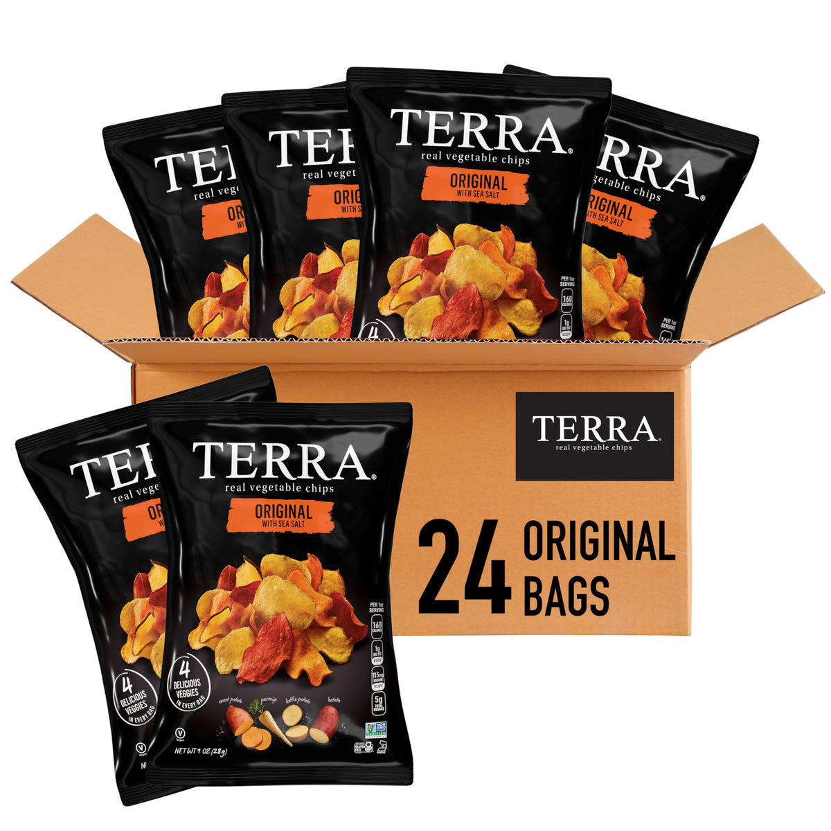 Terra vegetable chips sea salt open bag delivers crunchy, on-the-go flavor.