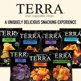 Terra Chips Open bag moment, inviting crunch and flavor variety.
