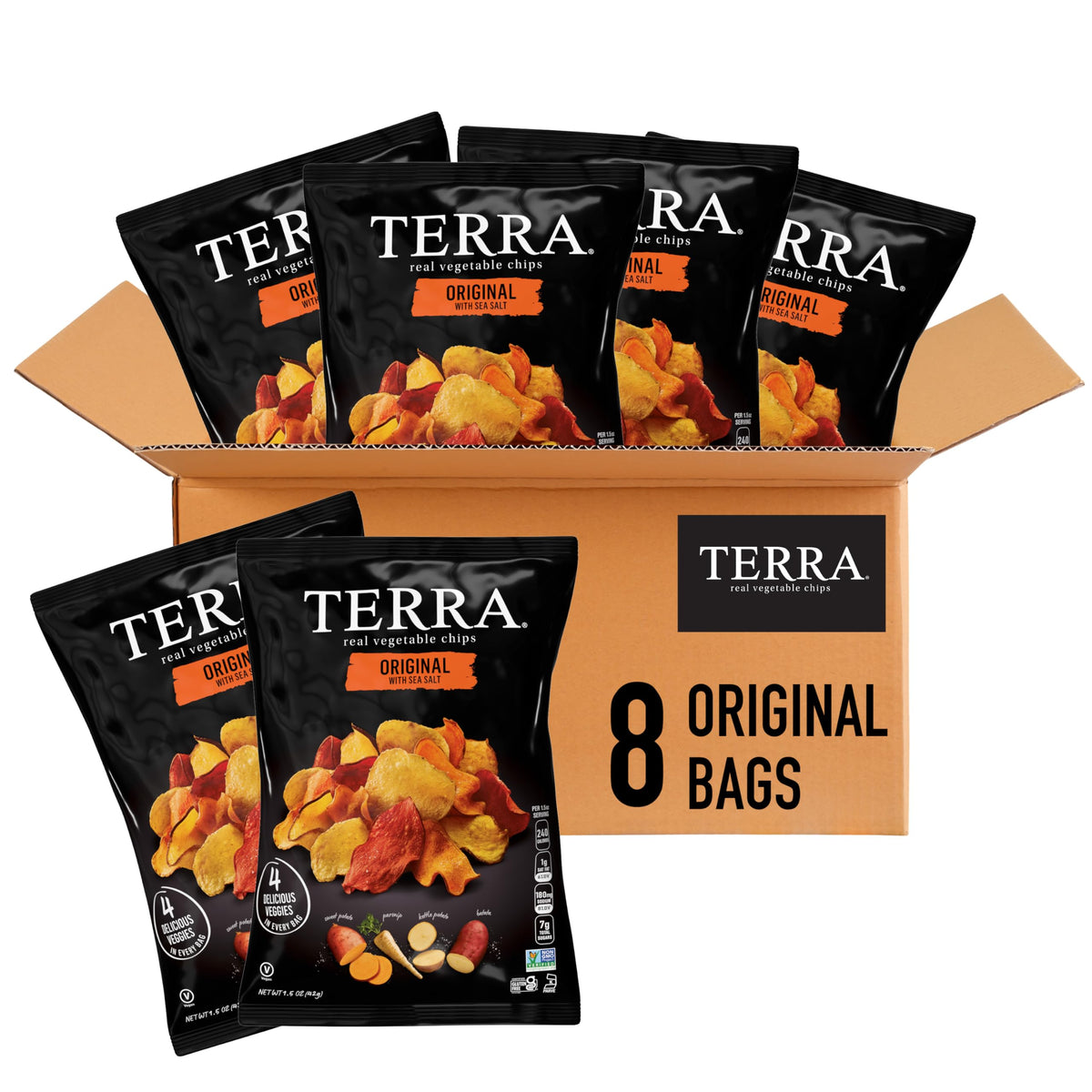 Terra Chips Original Sea Salt pack 8-count—gluten-free vegan snack.