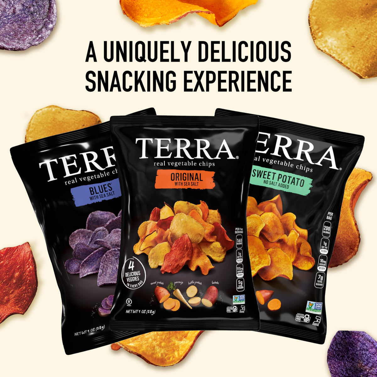 Terra Chips Sweet Potato Batata bag close-up, rich color and natural ingredients.