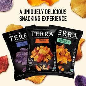 Terra Chips Sweet Potato Batata bag close-up, rich color and natural ingredients.