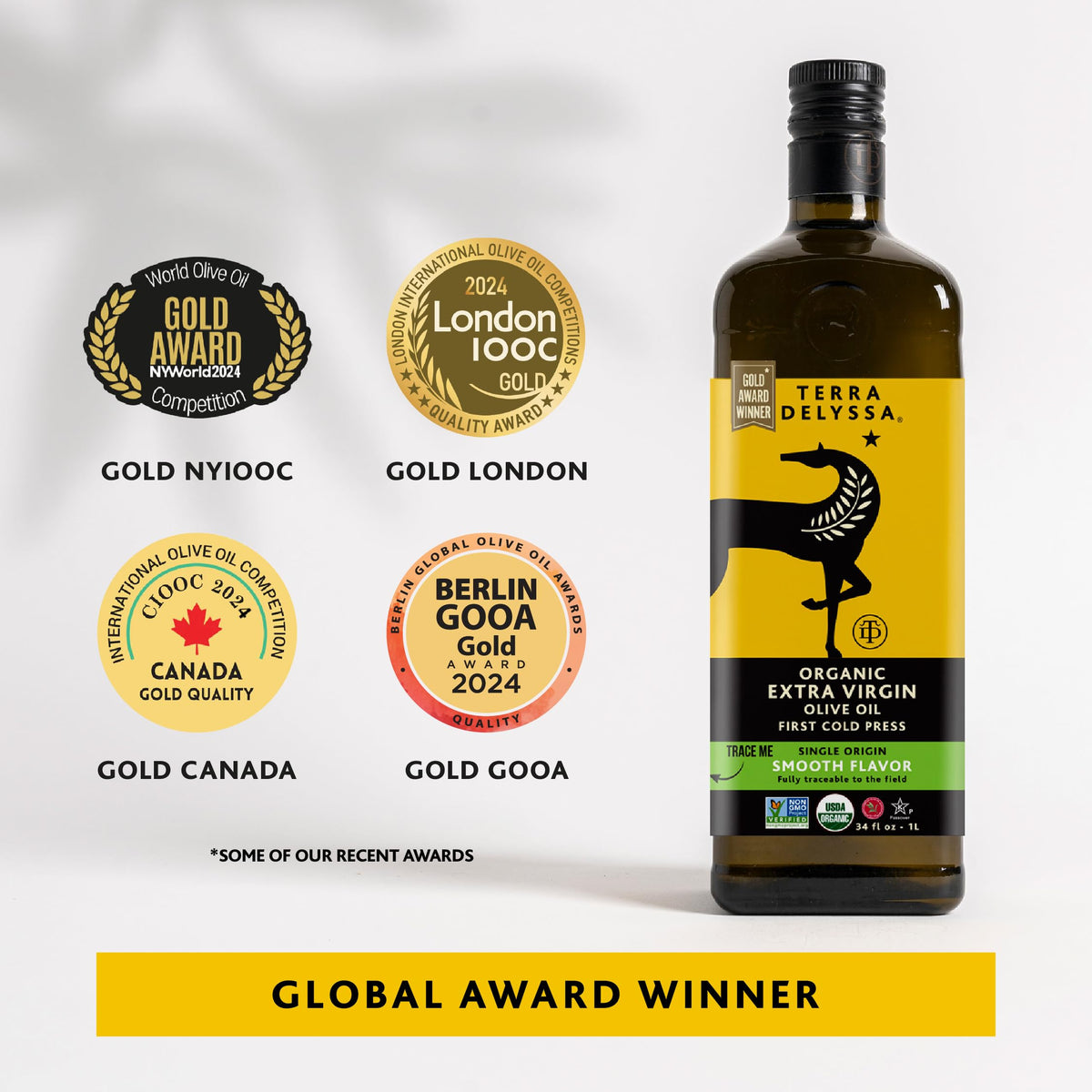Terra Delyssa organic olive oil label shows NON-GMO and NAOOA certifications.