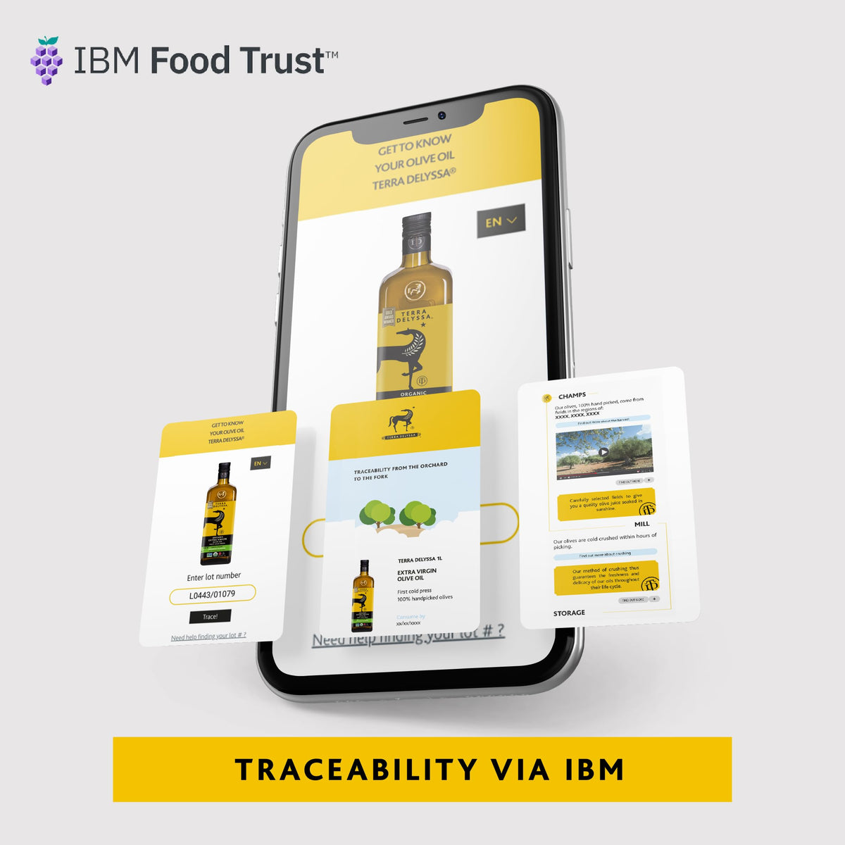 Terra Delyssa bottle QR code enabling orchard-to-bottle traceability.