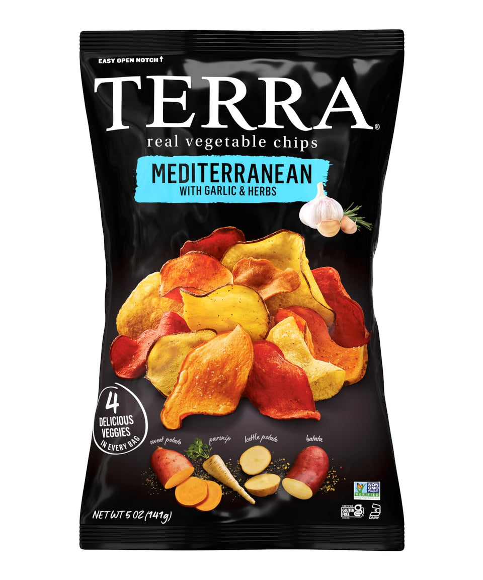 Terra Mediterranean Garlic & Herbs vegetable chips in a colorful mix, ideal as a gluten-free snack.