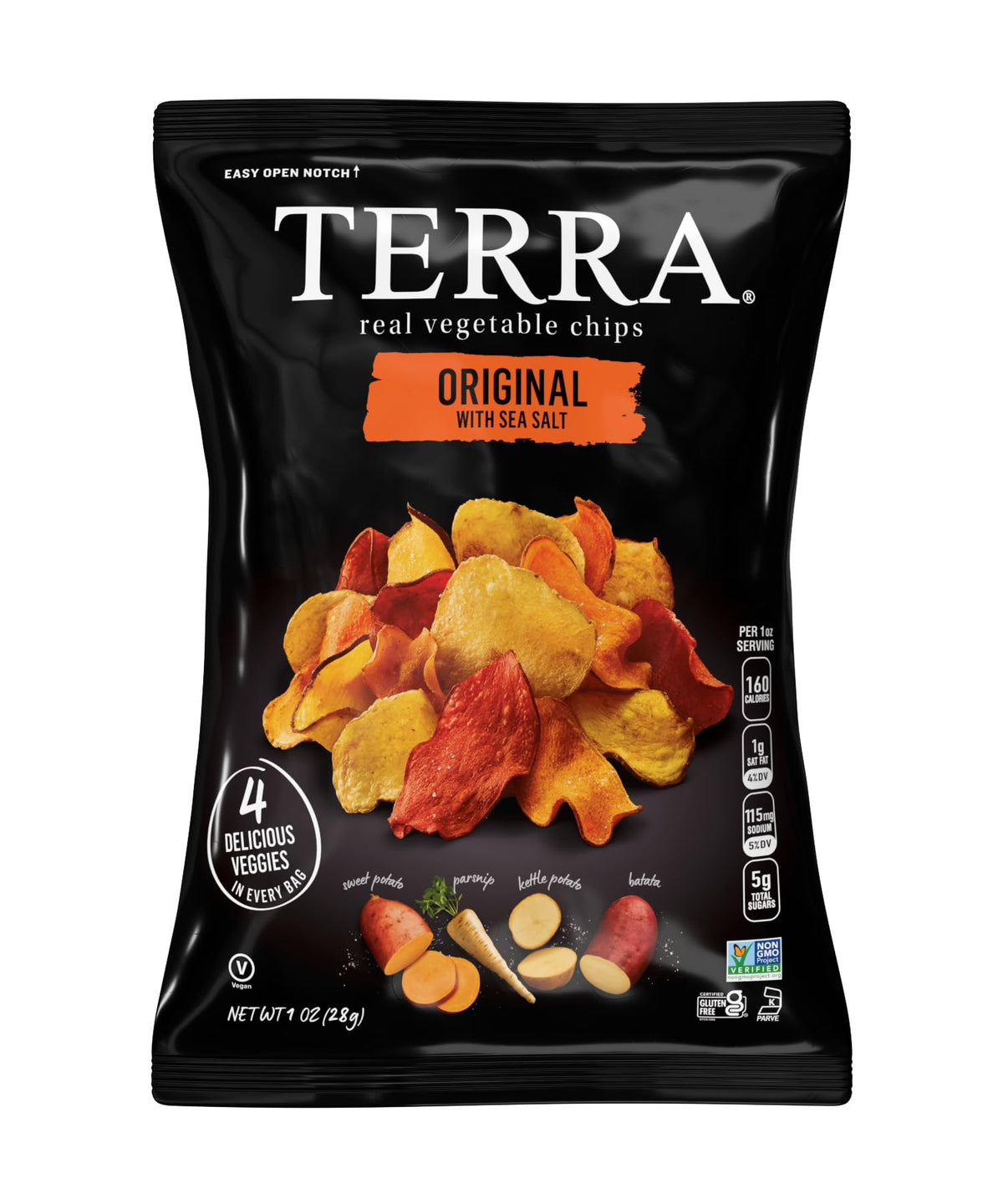 Terra Original chips with diverse root vegetables, vibrant color.
