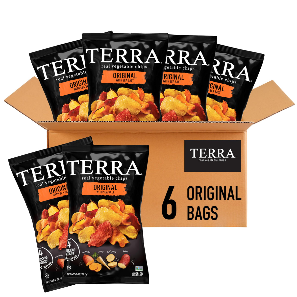Terra Original Sea Salt vegetable chips bag front showing real vegetables for a wholesome snack.