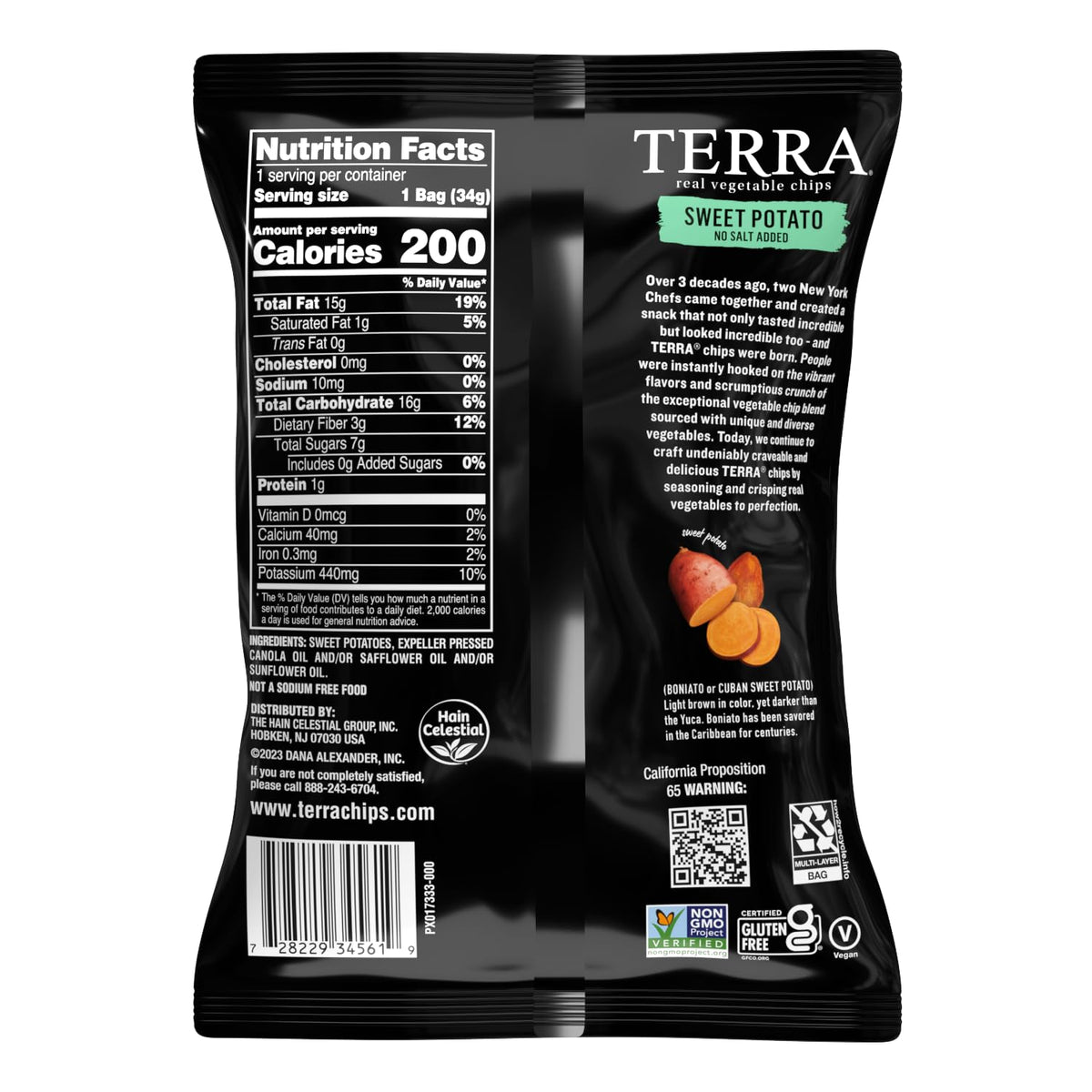 Terra Original veggie chips packaging layout, convenient 1 oz portions.