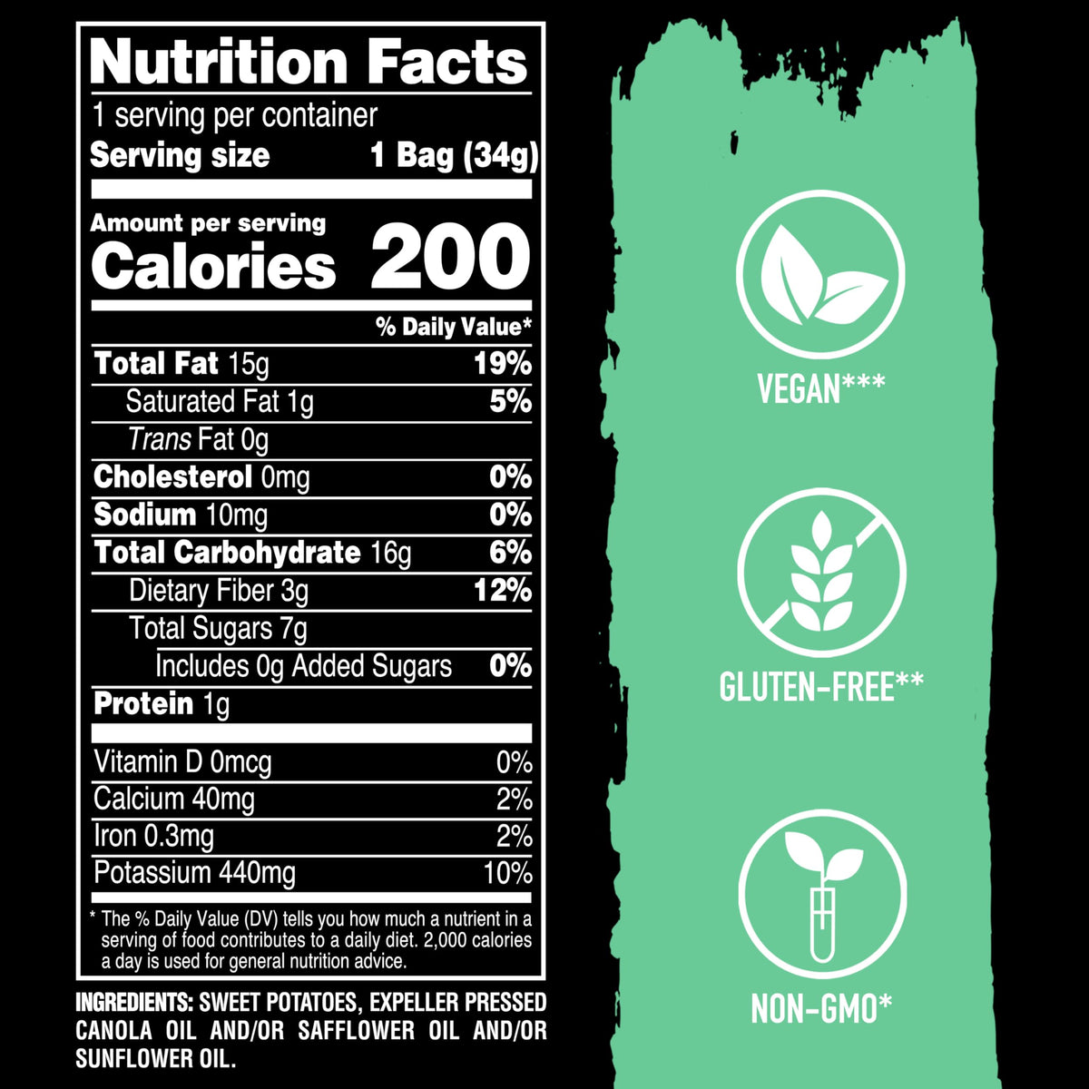Terra Sweet Potato Chips packaging confirms gluten-free and vegan certification