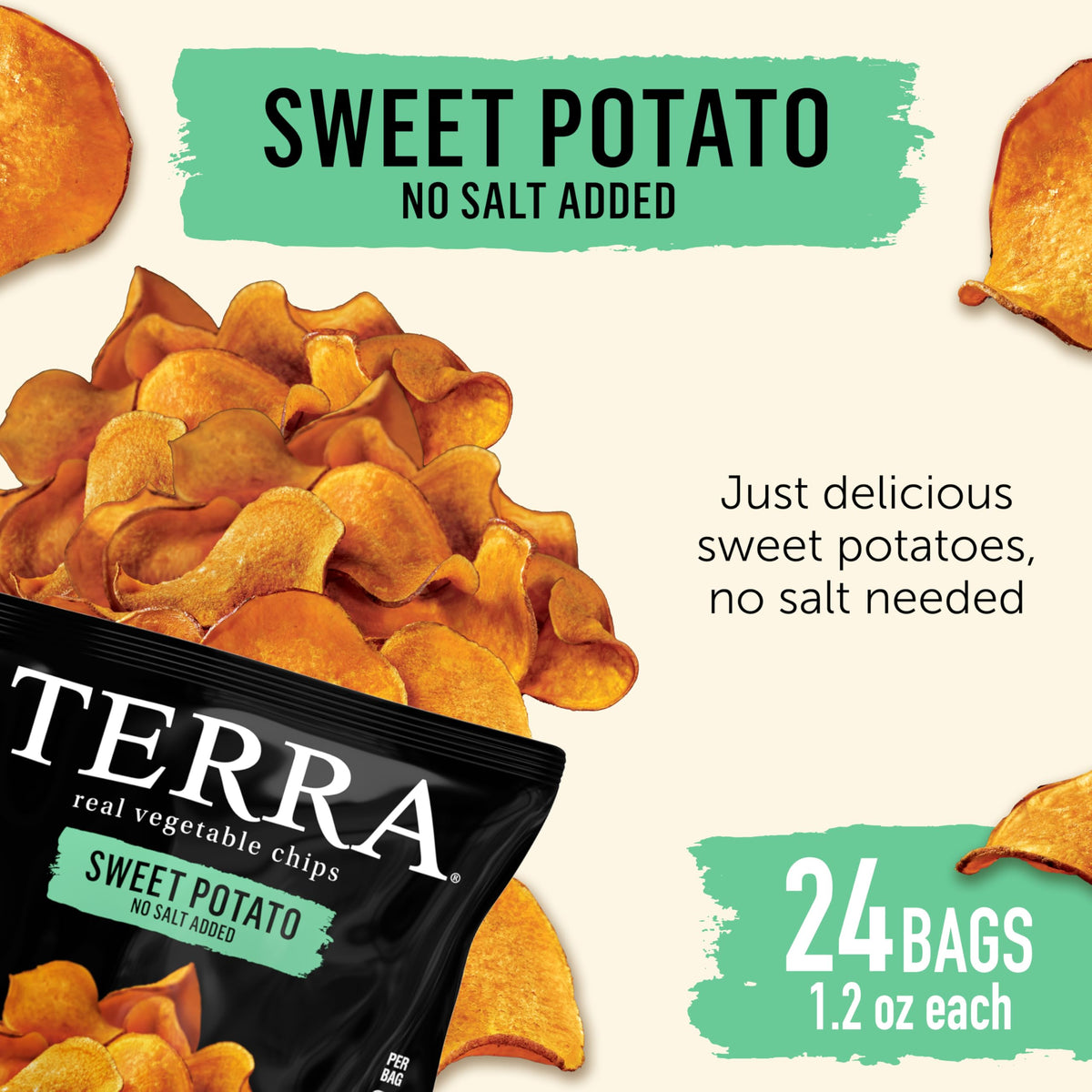 Terra Sweet Potato Chips ingredients label highlighting real vegetables and no added salt