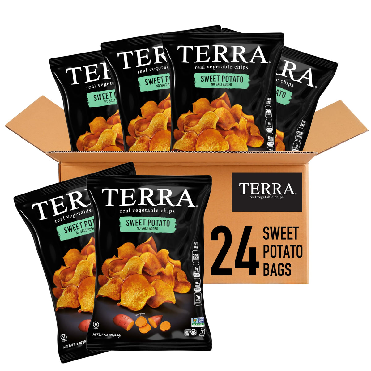 Terra Sweet Potato Chips front pack shows 24-pack for gluten-free snacking
