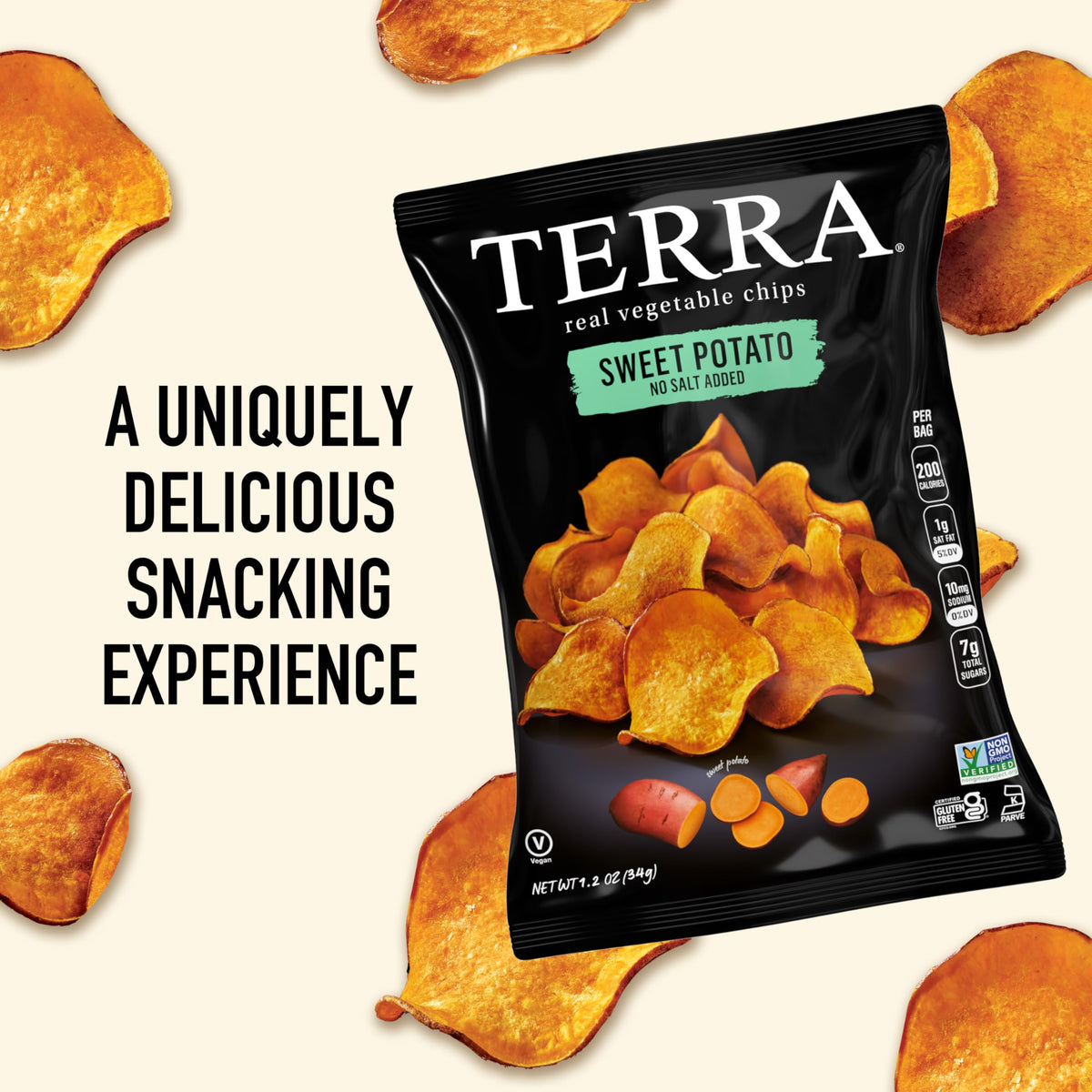 Terra Sweet Potato Chips nutrition panel with zero trans fat and kosher status