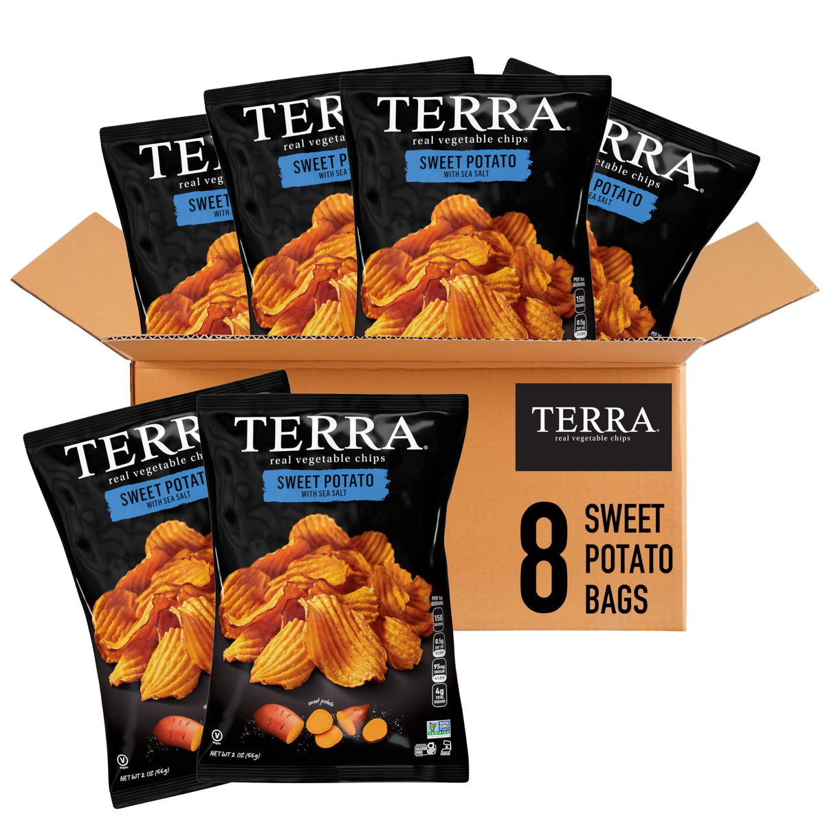 Terra Sweet Potato Chips with Sea Salt in bag view highlighting gluten-free snacking appeal.