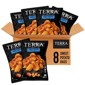 Terra Sweet Potato Chips with Sea Salt in bag view highlighting gluten-free snacking appeal.