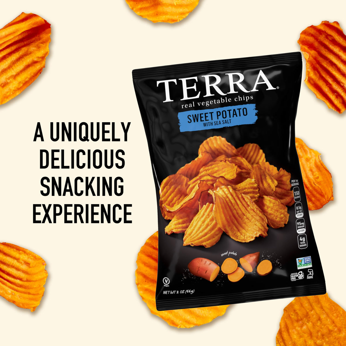 Terra Sweet Potato Chips with Sea Salt closeup shows real potato slices and color.