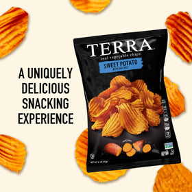 Terra Sweet Potato Chips with Sea Salt closeup shows real potato slices and color.