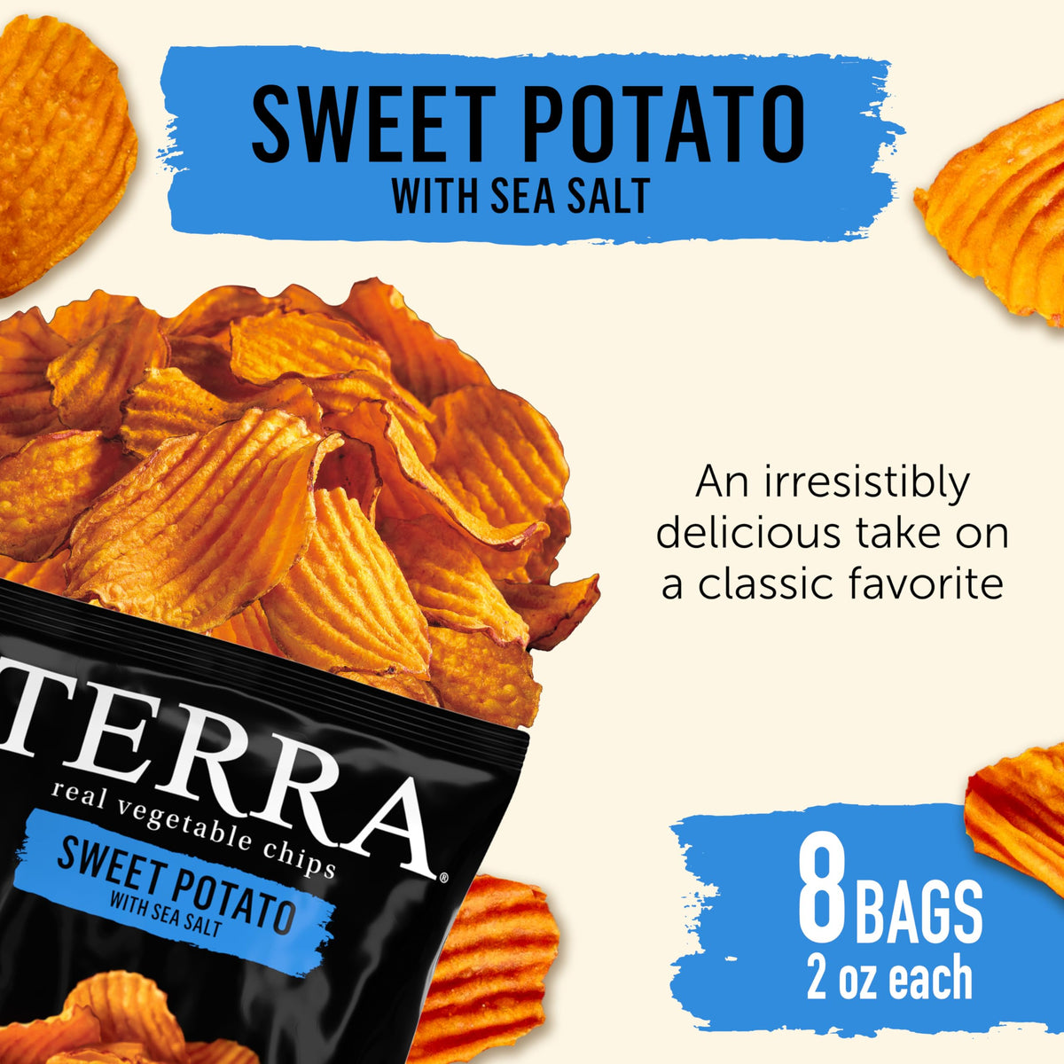 Terra Sweet Potato Chips with Sea Salt crisp chips ready to crunch for a snack.