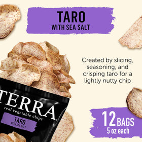 Close-up of Terra Taro chips showing purple taro lines and crunch.