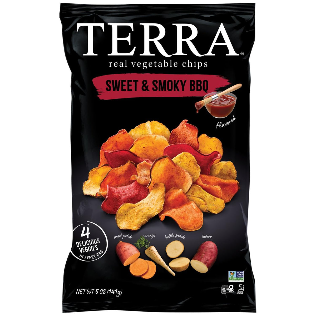 Terra sweet and smoky BBQ vegetable chips in bag, gluten-free snack for gatherings