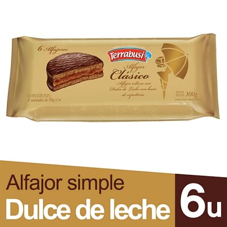 Terrabusi Alfajores close-up showing creamy dulce de leche filling, perfect treat.