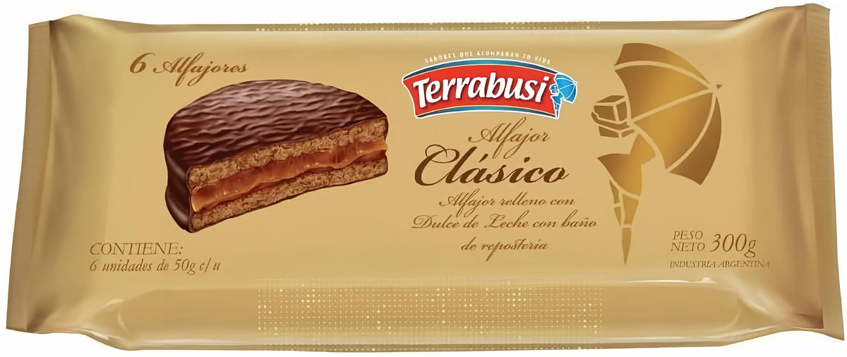Terrabusi Alfajores chocolate with dulce de leche filling, packaged for sharing or gifting.