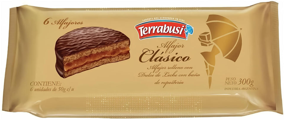 Terrabusi Alfajores chocolate with dulce de leche filling, packaged for sharing or gifting.