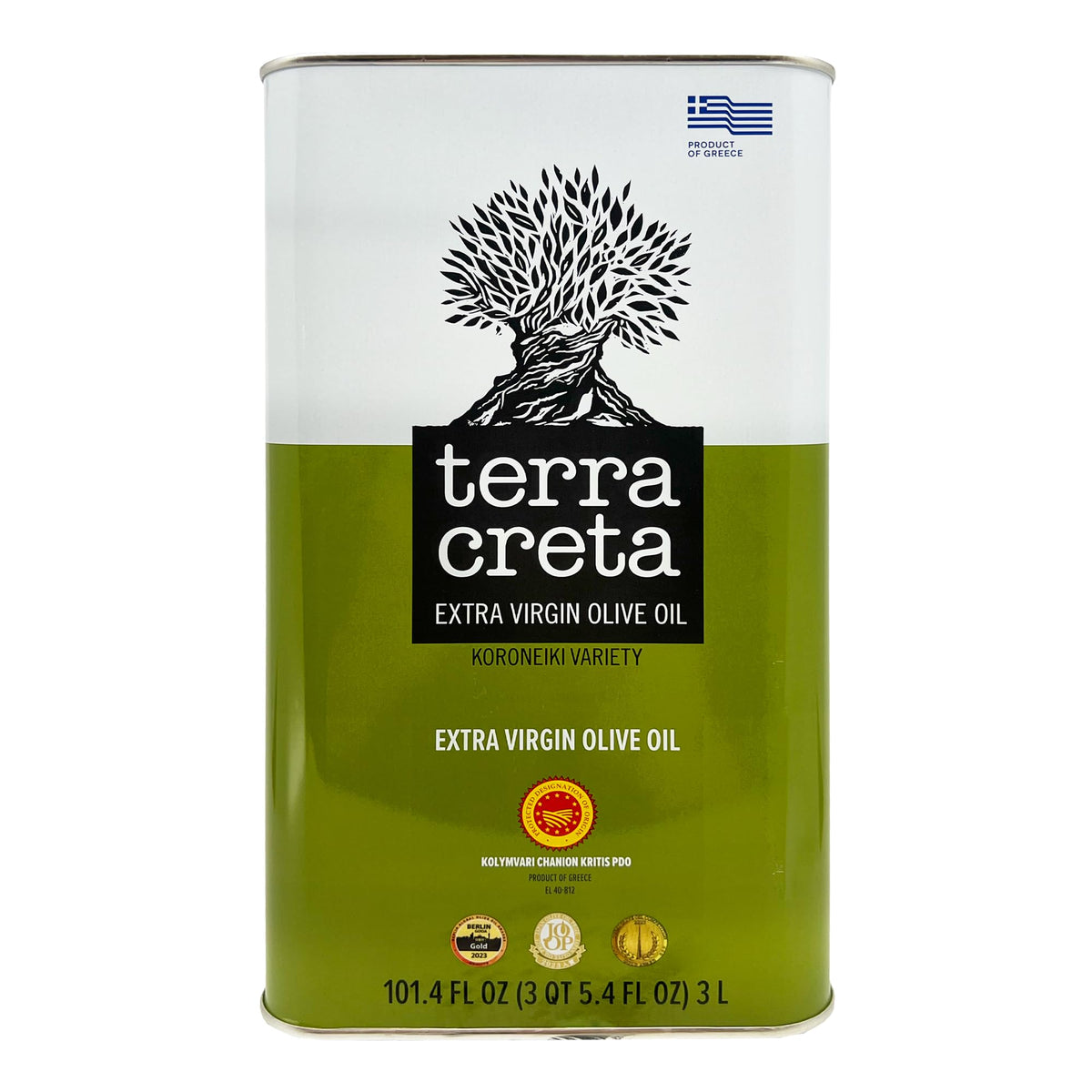 Terra Creta Kolymvari PDO olive oil bottle, premium quality for finishing dishes.