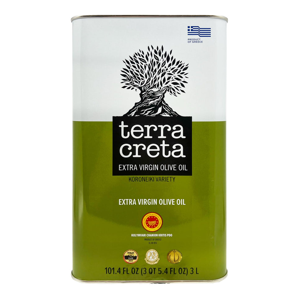 Terra Creta Kolymvari PDO olive oil bottle, premium quality for finishing dishes.