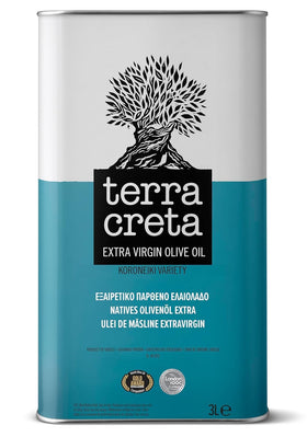 Terra Creta Koroneiki olive oil bottle in a 3L tin for premium cooking