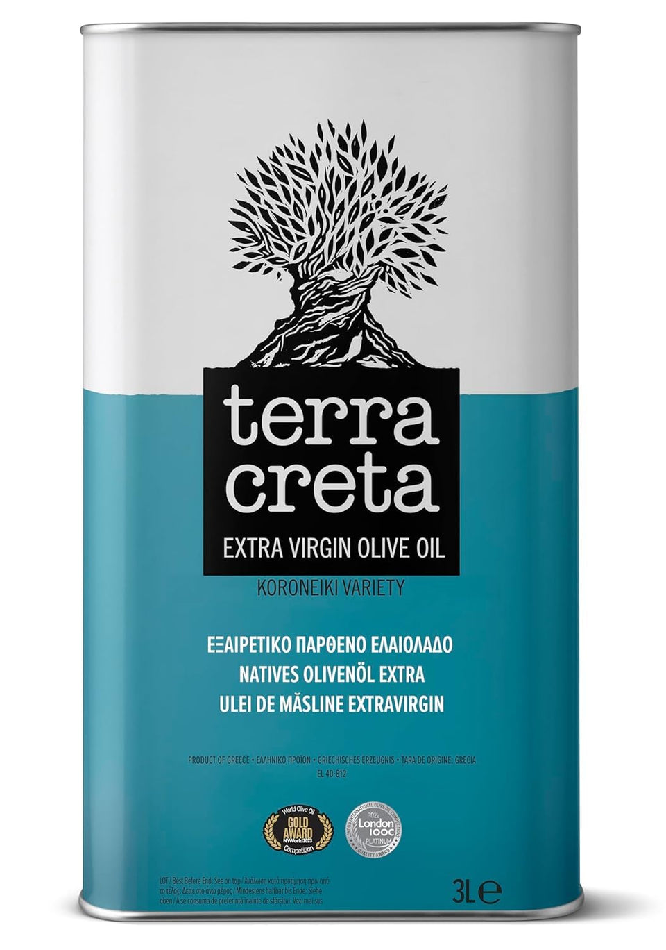 Terra Creta Koroneiki olive oil bottle in a 3L tin for premium cooking